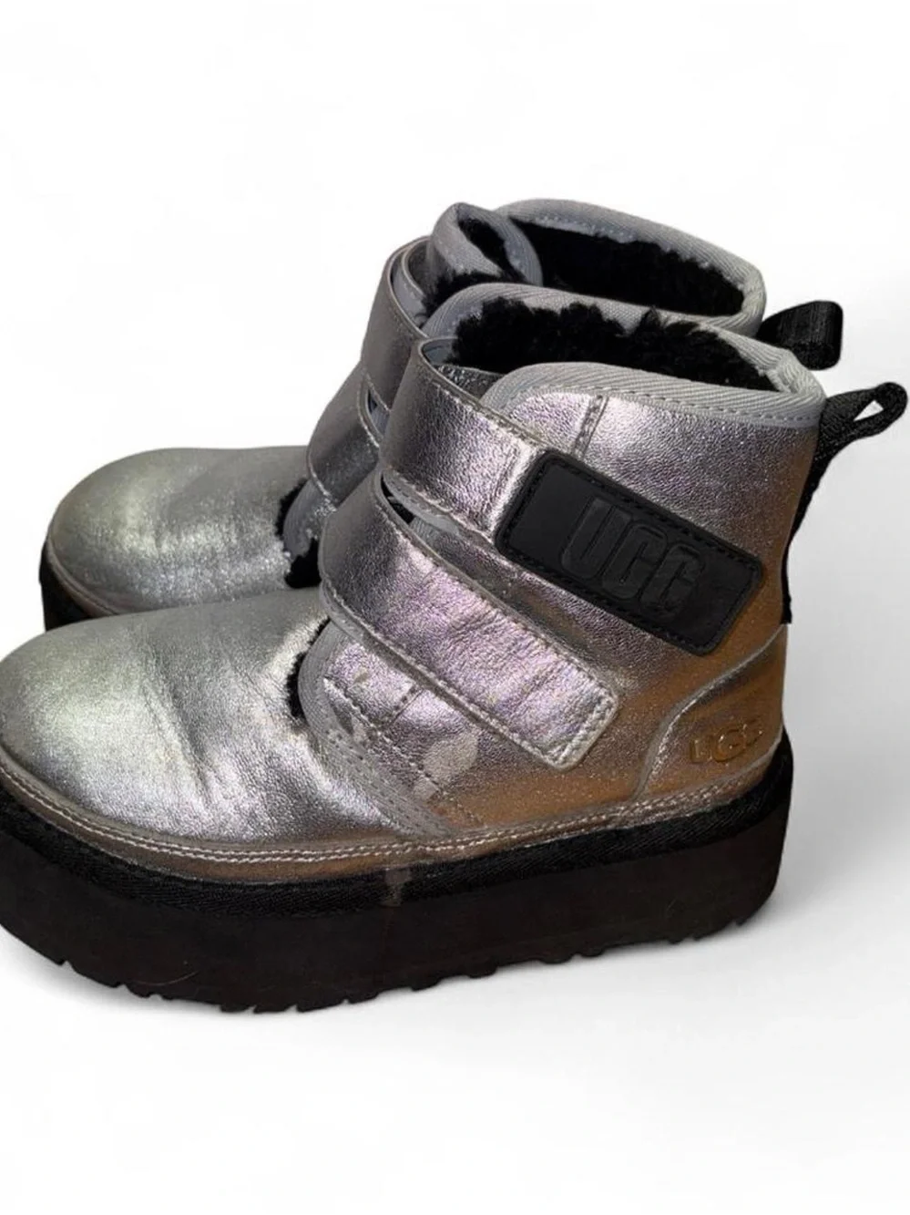 UGG Kids Metallic Silver Platform Boots with Velcro Straps